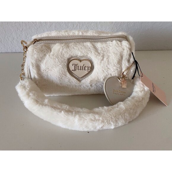 Juicy Couture Warm Up Barrel Shoulder Bag Purse Crystal White W/Charm Fuzzy NEW - Picture 2 of 14